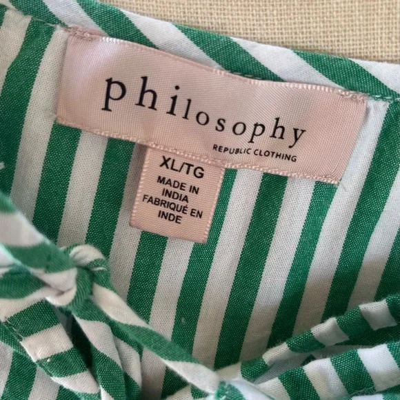 Philosophy Size XL Top Green White Stripe Cotton Blouse V Neck Tie Springtime - Picture 5 of 6